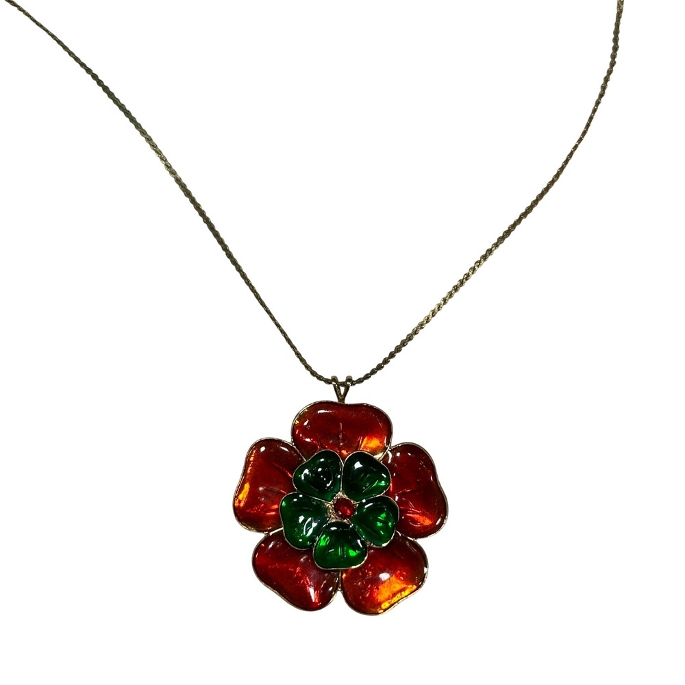 Vintage Red and Green Enamel Flower Pendant Necklace Gold Tone Chain Floral